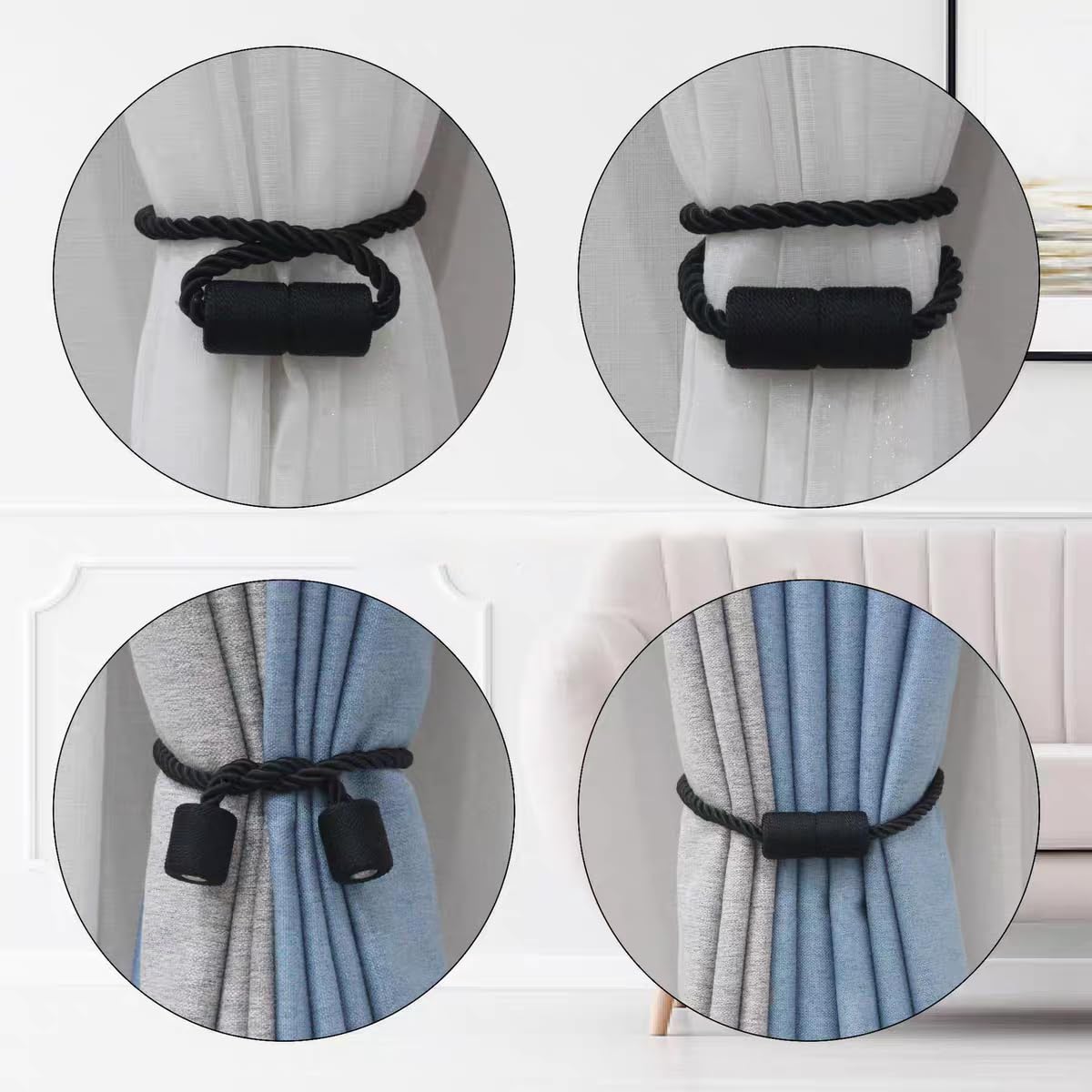2 Pack Magnetic Curtain Tiebacks Modern Handmade Rope Curtain Tie Backs Decorative Drapes Holdbacks for Home Outdoor Bedroom Decorative Curtain (Black)