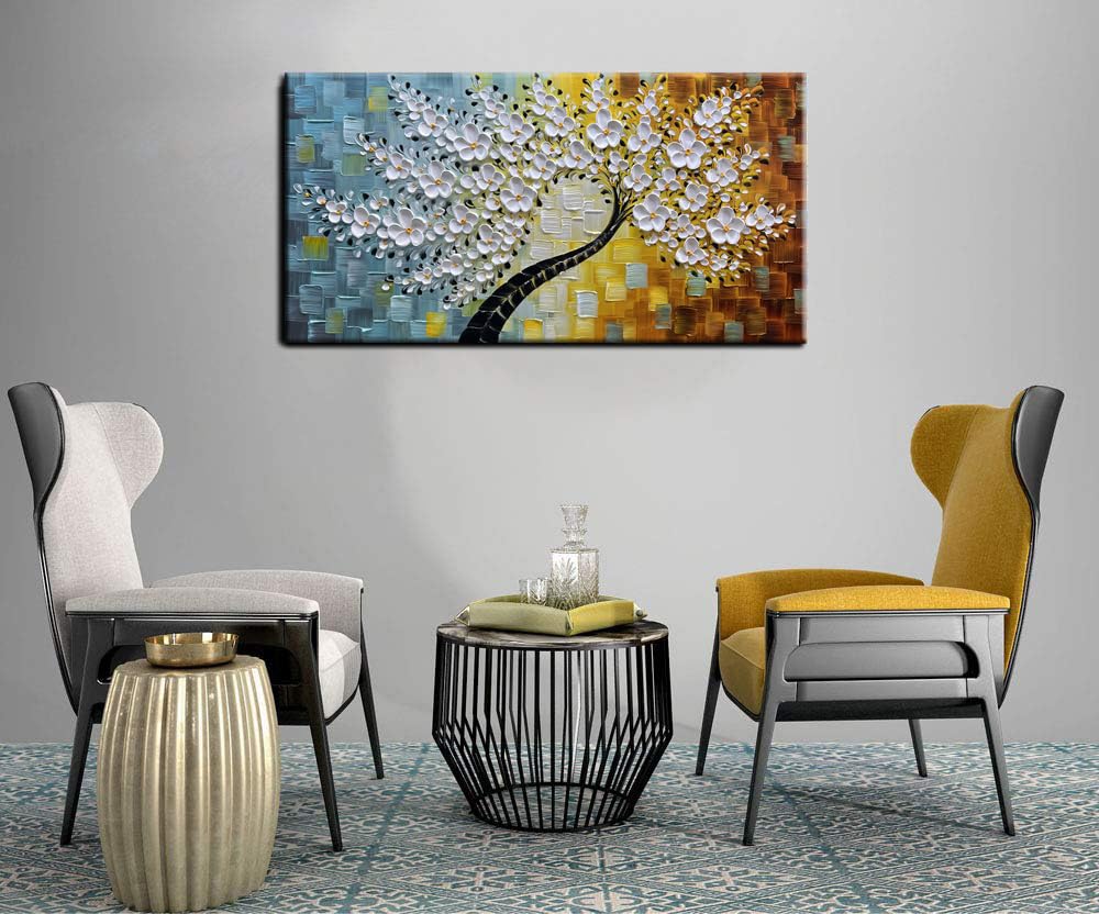 YaSheng Art - Wall Art Oil Painting ,100% HandPainted 3D Texture Wall Art Artwork White Flower Tree Paintings ,Abstract Canvas Wall Art ,Bedroom Dining Room Living Room Modern Wall Art Decor Home , Framed Wall Art Picture 24x48inch