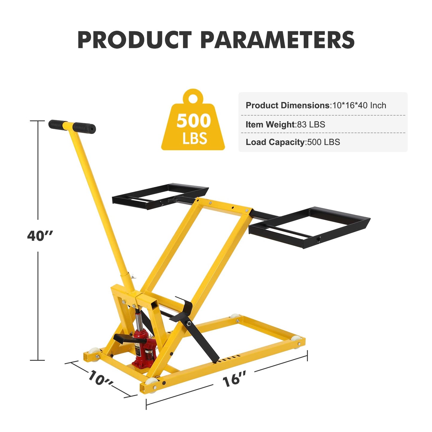 Hydraulic Lawn Mower Lift Jack, 500LBS Capacity Zero Turn Mower Lift with 26.5" Telescopic Height, for Riding Tractors and Zero Turn Lawn Mowers (Yellow)