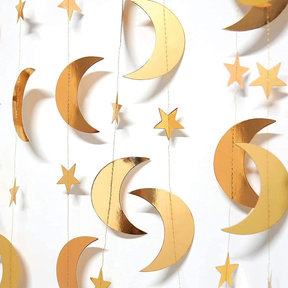 Decor365 Gold Moon Star Garland Ramadan Decorations Twinkle Little Star Two the Moon Birthday Party Decoration Whimsical Decor Starry New Year Eve Banner Hanging Stars Baby Shower EID Muburak Decor