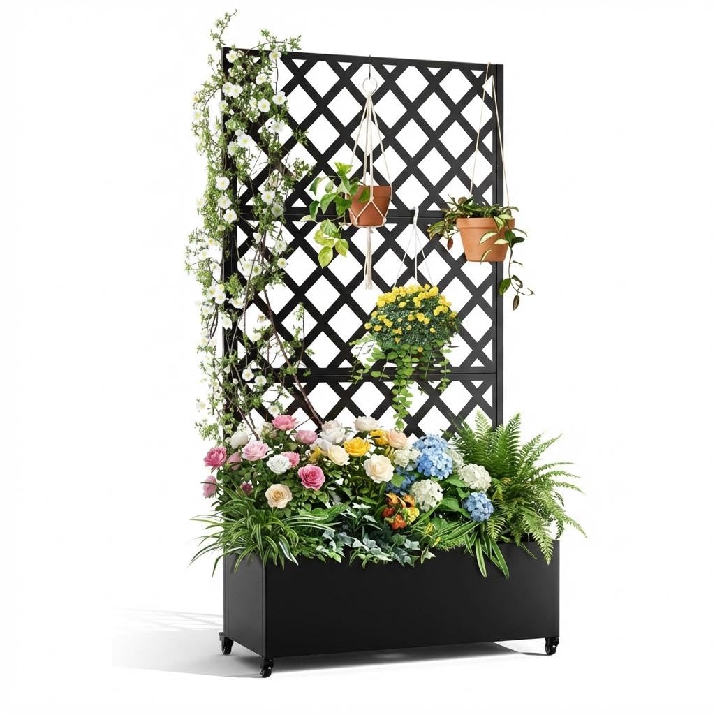 IDEALHOUSE Metal Planter Box with Trellis, 72"x35"x15.7" Galvanized Raised Garden Bed on Wheels with Drainage Holes, Outdoor Planter for Climbing Plants Vines & Privacy Screen, Diamond Lattice