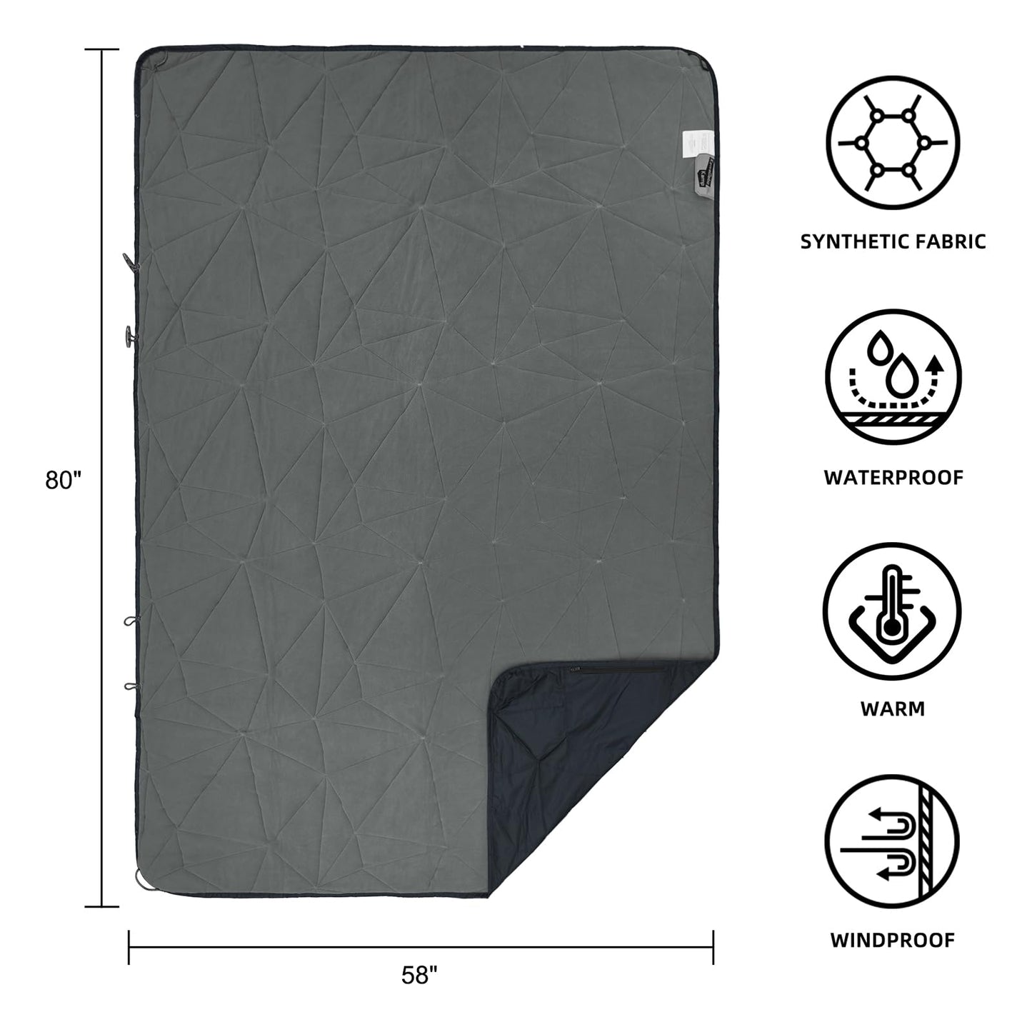 KawaGebo Kamp Large Outdoor Waterproof Blanket Extra Thick Fleece Stadium Blanket for Camping, Car, Pet, Picnics - Windproof, Wearable, Machine Washable 80" x 58" (Black Gray)