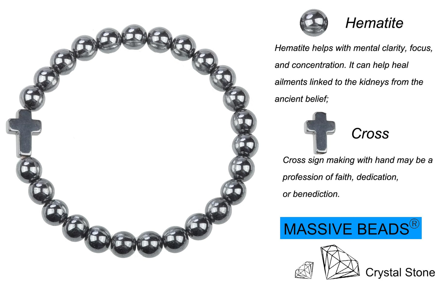 MASSIVE BEADS Hematite and Cross - Belief Faith Handmade Handmade Yoga Stretch Elastic Bracelet Natural Stone Crystal Healing Power Energy Gifts for Unisex Adult 4mm