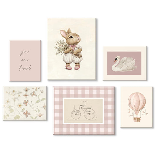 Pink Nursery Wall Art Baby Girl Canvas Wall Decor Vintage Poster Bunny Flower Wall Art Antique Preppy Pictures Animal Floral Prints Kids Swans Painting for Girls Room Bedroom 8x10x6 Inch Framed