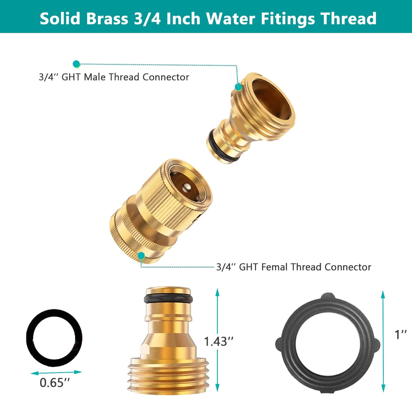 FINEST+ Garden Hose Quick Connector, Solid Brass 3/4 Inch Thread Fitting No-Leak Water Hose Female and Male Easy Connect (4 Sets)