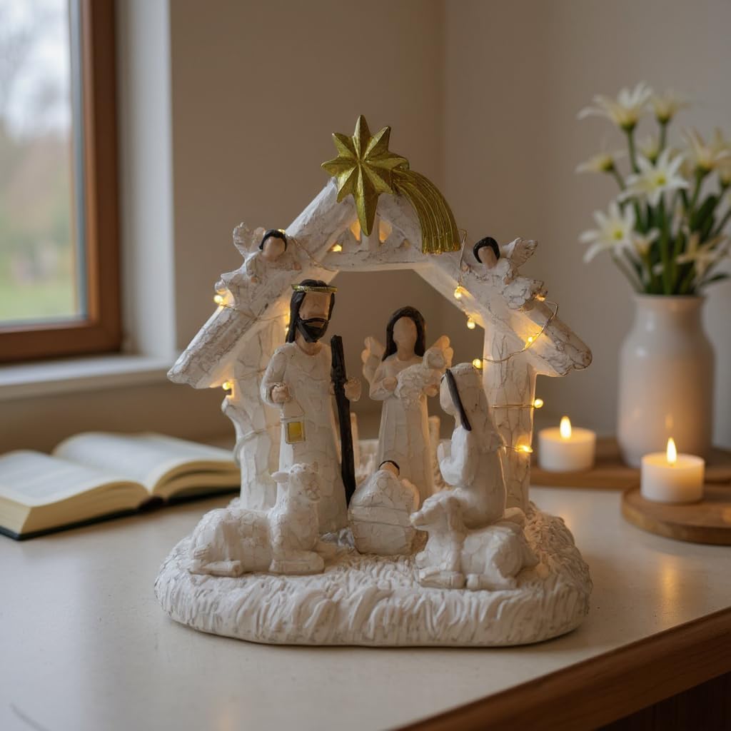 WANCHIY Nativity Set Indoor– Nativity Scene with Manger, Christmas Nativity Sets & Figures with LED Lights, Christmas Decorations Indoor for Home Display