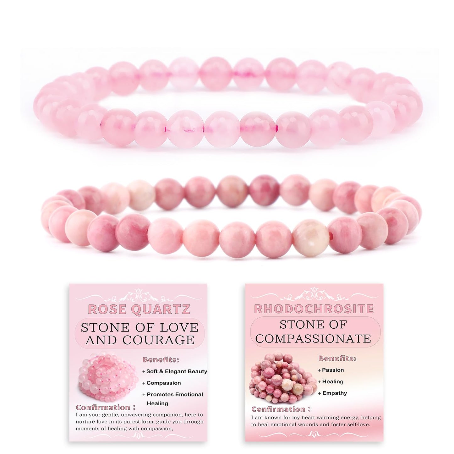 NCB 2-Piece 6mm Natural Crystal Gemstone Stretch Bracelets – ﻿Pink Quartz, Rhodochrosite Handmade Reiki Energy Healing Jewelry for Meditation,Yoga, Unisex