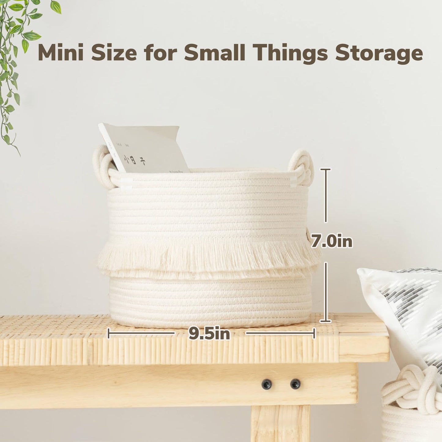 CherryNow Small Woven Storage Baskets, 9.5'' x 7'' inches Cotton Rope Decorative Hamper for Diaper, Blankets, Magazine and Keys, Cute Tassel Nursery Decor - Home Storage Container, Off-white
