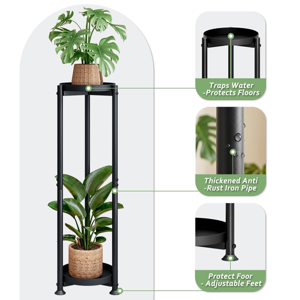 YIZAIJIA Plant Stand Indoor Outdoor Corner Tall 2 Tier Metal Tiered Single Small Plant Stands Sturdy Shelf for Living Room Balcony Garden,Black
