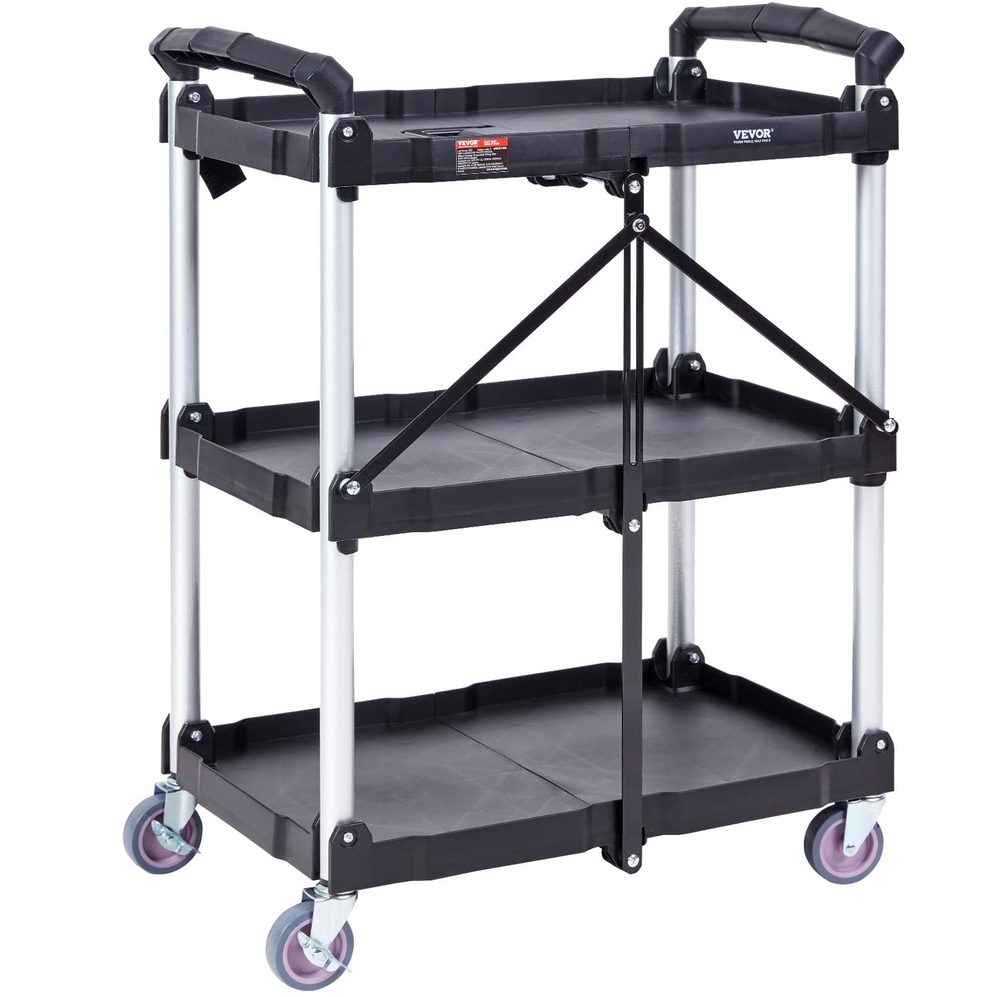 VEVOR Foldable Utility Service Cart, 165LBS 3 Shelf Heavy Duty Plastic Rolling Cart with 360° Swivel Wheels (2 with Brakes), Ergonomic Handle, Portable Garage Tool Cart for Warehouse Office Home
