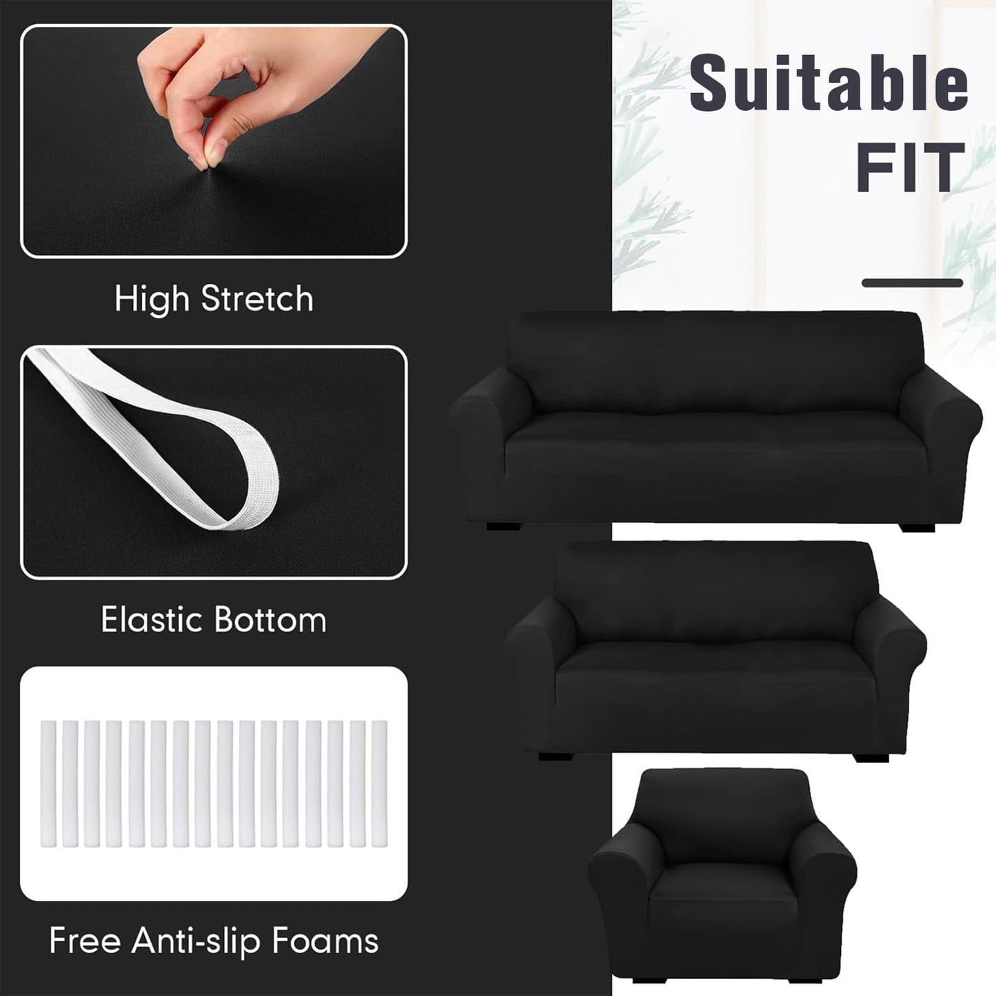 Peryiter 3 Pcs Slipcover Set for Couch Furniture Covers for Sofa Loveseat Couch Arm Chair, Form Fit Stretch, Wrinkle Free, Furniture Protector(Black,Milk Silk Spandex)