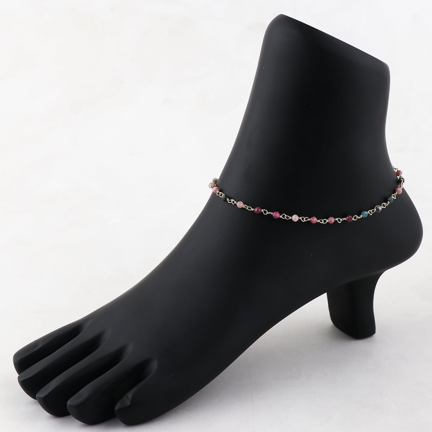 JOR Natural Multi Tourmaline Beaded Rosary Anklet, Handmade Craft, Anklet Beads Bracelet, Chakra Healing Anklet, Gemstone Women Jewelry, Dainty Gold Plated Anklet 9 inch + 1.5 inch (1pcs)