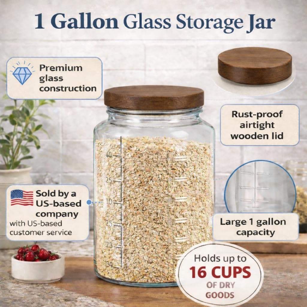 kitchentoolz Extra Large Mason Jar - 1 Gallon Glass Wide Mouth Jar with Airtight Wooden Lid, Food Storage Container with Measurement Markings For Kitchen Pantry, Pickling, Cookies, Flour & Sugar