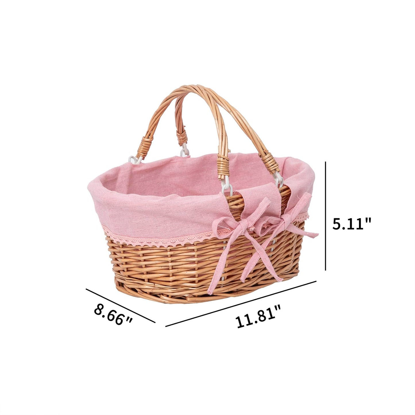 Small Wicker Basket with Removable Pink Liner, Willow Storage Basket for Gifts with Double Handles, Easter Basket,Wedding,Egg Gathering,Pink