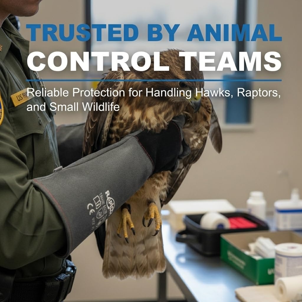 RAPICCA Animal Handling Gloves Bite Proof Double Leather Reinforced Padding Dog,Cat Scratch,Bird Handling Falconry Gloves Grabbing Reptile Squirrel Snake Bite 16in Grey-Black
