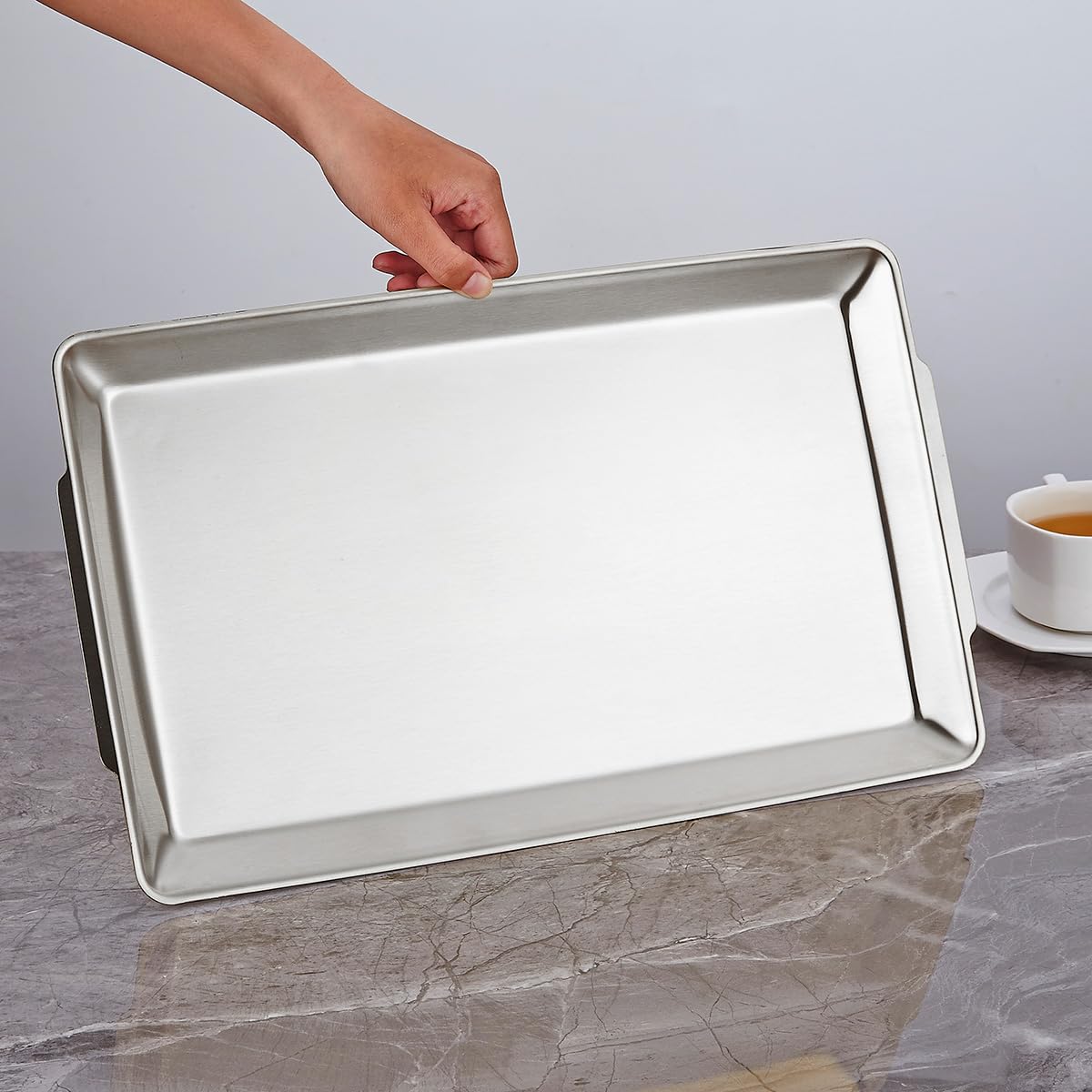 15.8" x 9.5" Large Serving Platters, Stainless Steel Heavy-Duty Large Serving Trays, Silver Rectangular Plates for Food, Fruit, Party, Wedding, Christmas, Chip and Scratch Resistant