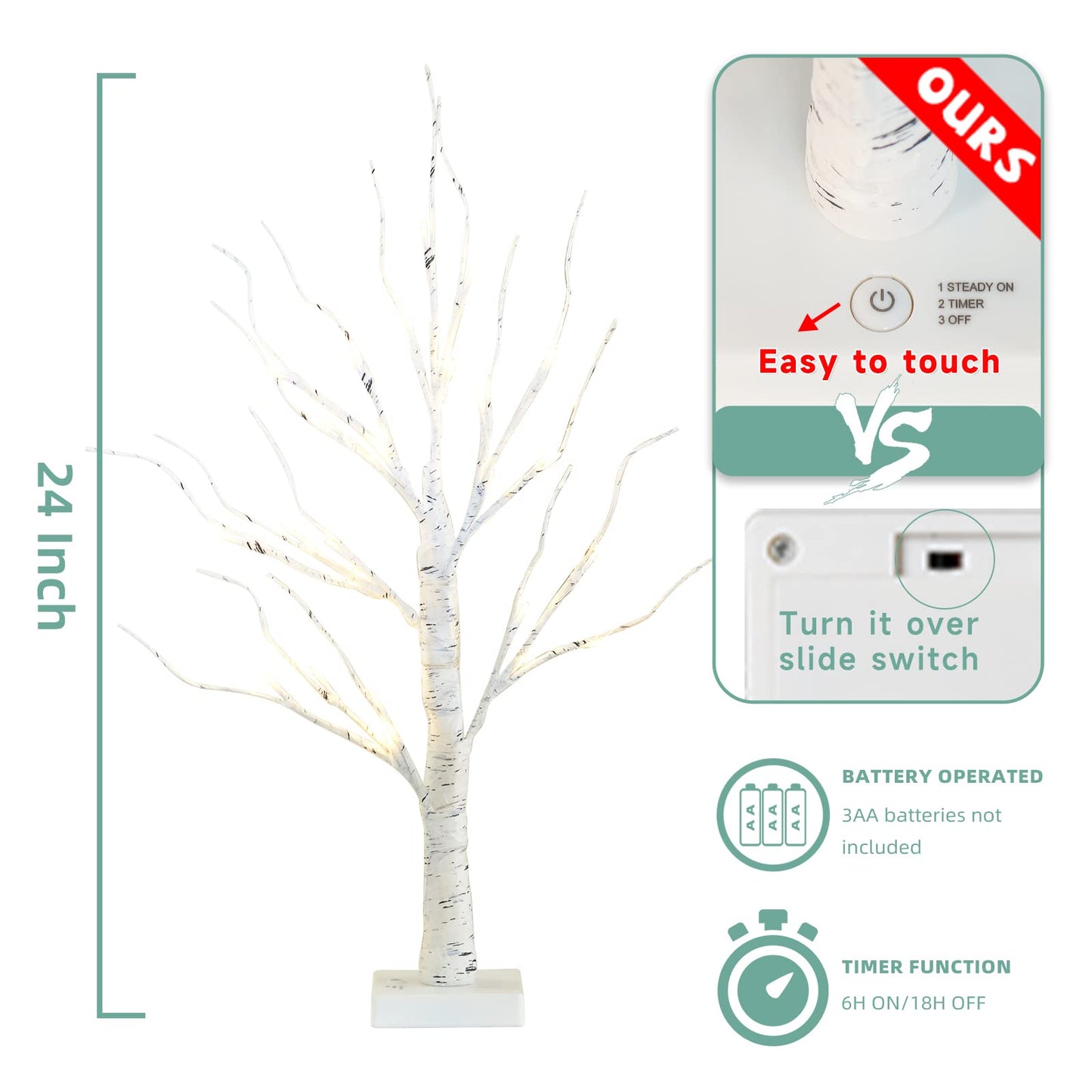 EAMBRITE Home Decorations Light Up White Birch Tree Indoor Christmas Decor, 4 Pack Battery Operated/USB Lighted Tabletop Money Tree Lamp Led Lights Xmas Wedding Centerpiece Table Room (2 Ft)
