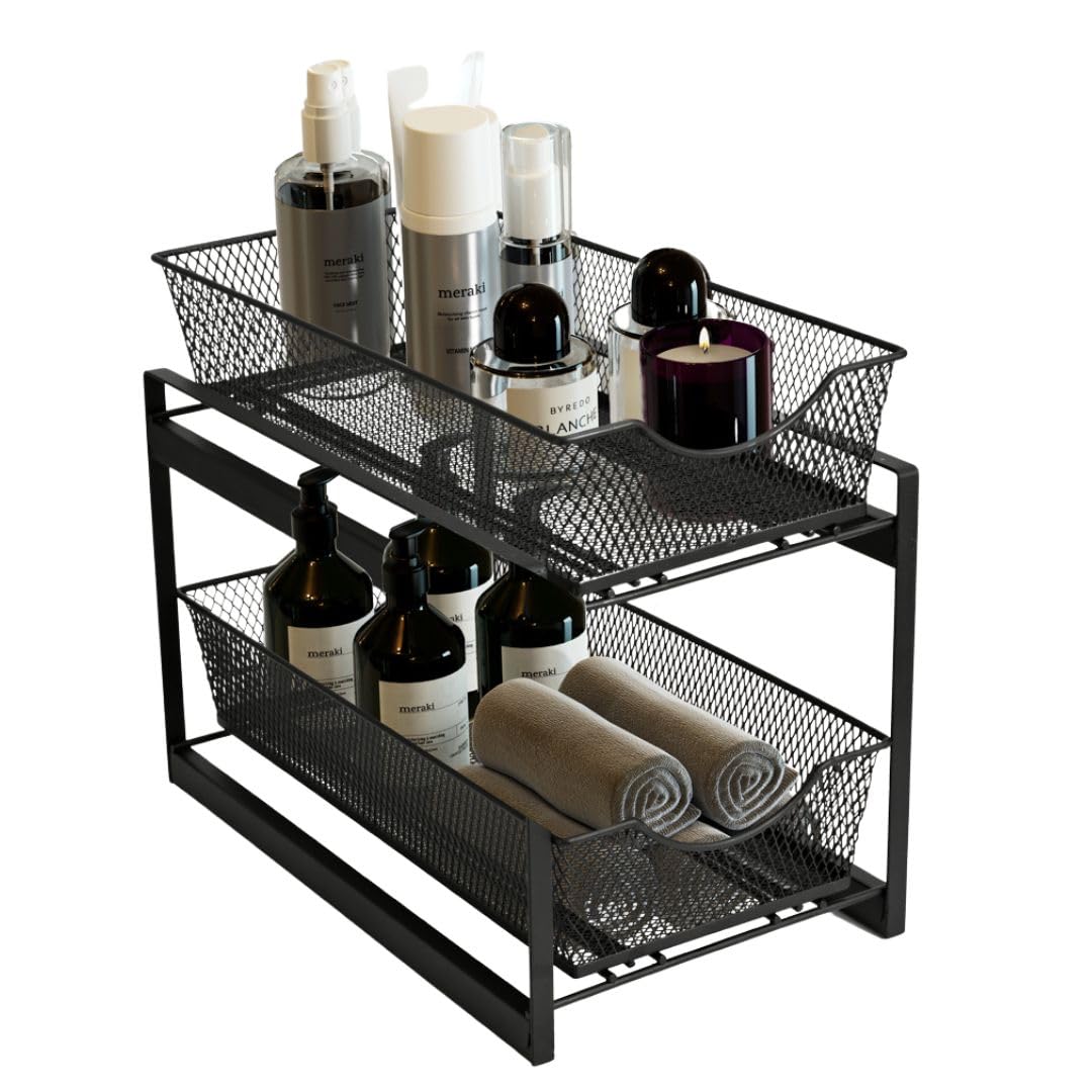 IBERG 2 Tier Bathroom Organizer with Pull Out Drawer, Under Sink Storage Organizer for Kitchen Cabinet, Metal Sliding Basket (Black)