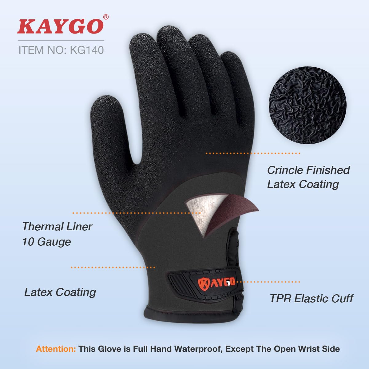 KAYGO Winter Waterproof Thermal Work Gloves for Men and Women, Full Hand Latex Coated, Acrylic Insulated Liner for Freezer Cold Weather, Fine Crinkle Grip,KG140W,Black,L