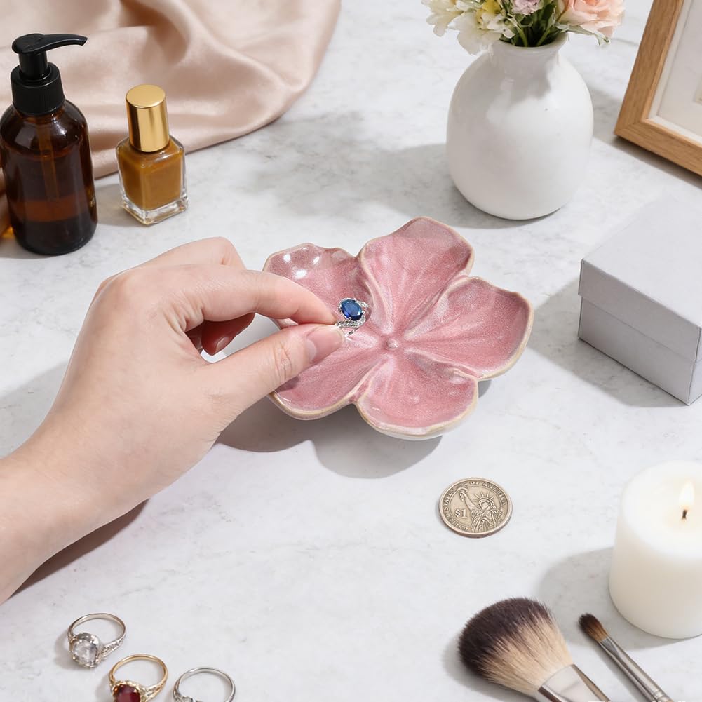 EVERJOYCRAFT Ceramic Jewelry Dish Tray Small Trinket Tray Aesthetic Nightstand Room Decor Ring Holder Flower Shape Elegant Jewlery Plate Bowl for Christmas Birthday Gifts for Women (Dark Salmon)