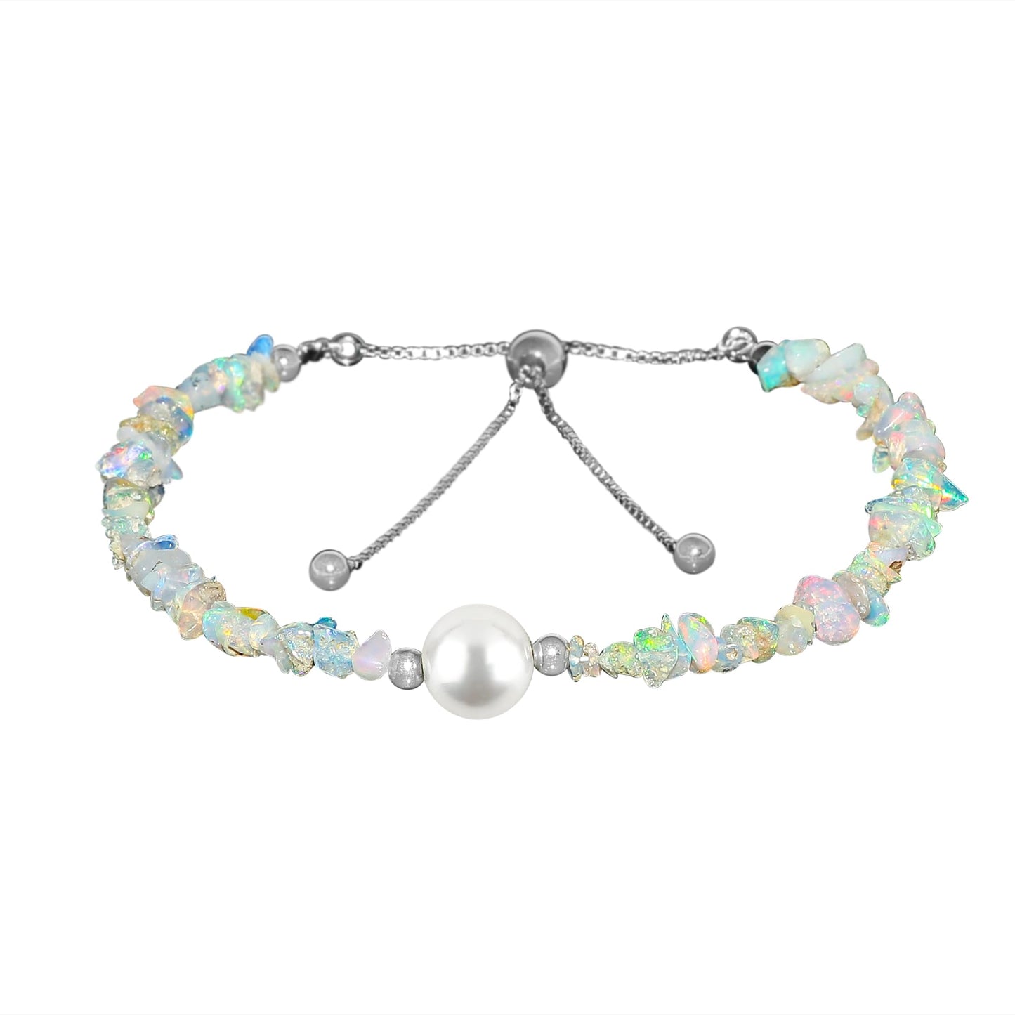 Crystals for Calm - Natural Ethiopian Opal Beads Slider Bracelet with Elegant Pearl, High Grade Nuggets Crystal, Chakra Healing Gemstone, Gift Giving Women Jewelry, Silver Plated Slider 10 inch