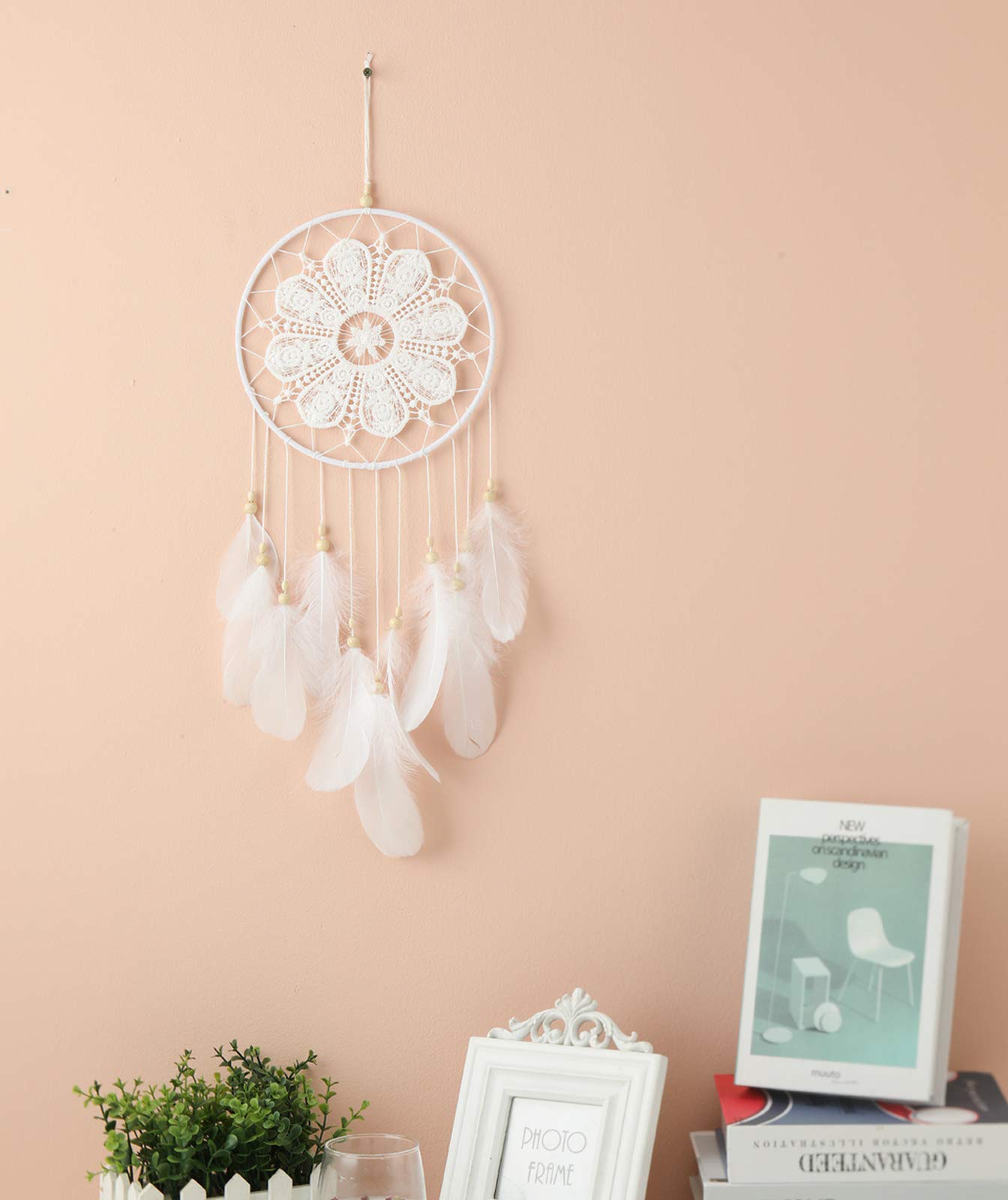 Malicosmile Dream Catchers White for Bedroom, Handmade Hanging Decorations White Feather Lace Dream Catcher Mobile for Girls Room Decor