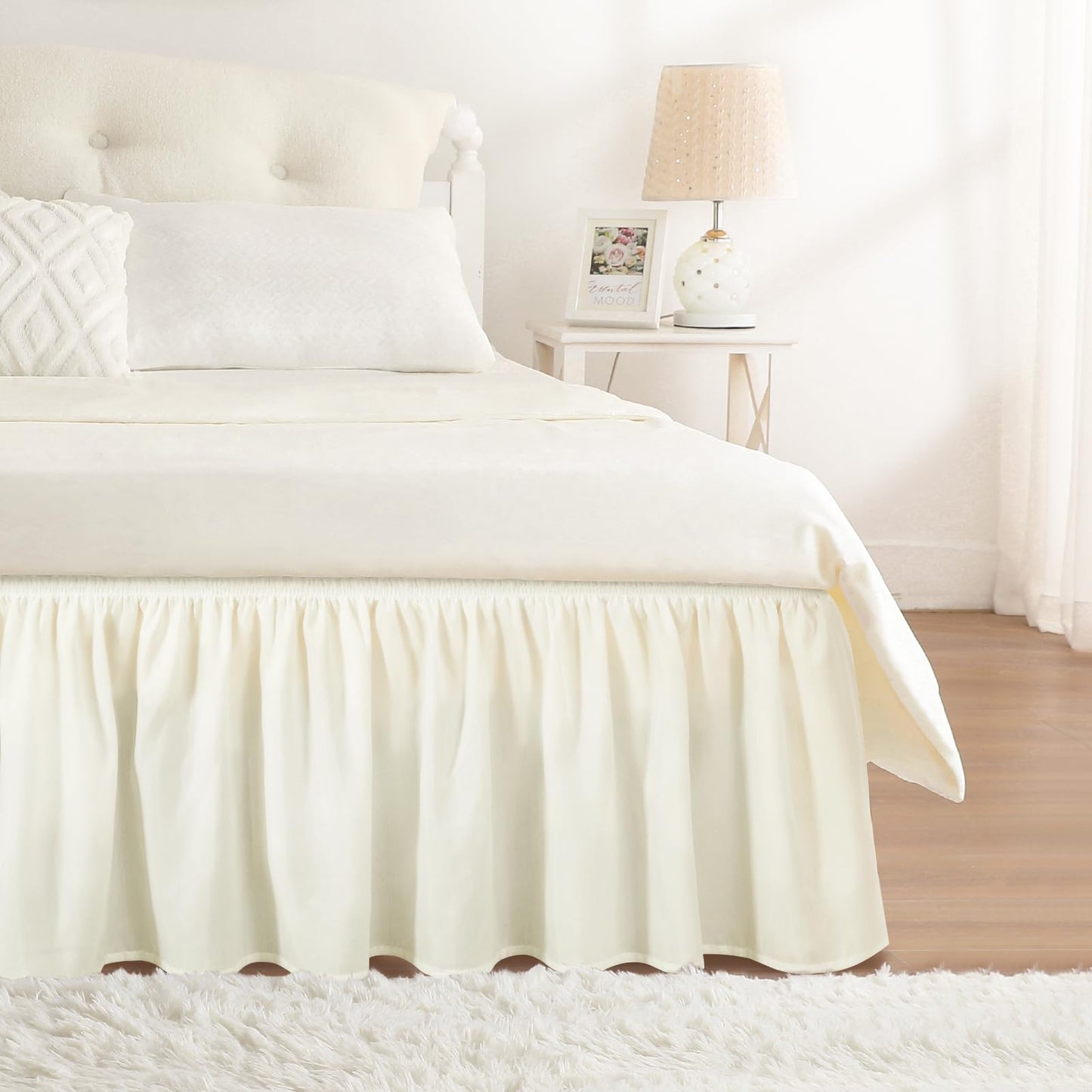 RIMELA Cream Bed Skirt Queen Size 15 Inch Drop, Elastic Bed Skirting for Bed Base and Frame, Bedding Dust Ruffle Easy to Install, Lightweight Wrap Around Adjustable Bedskirt