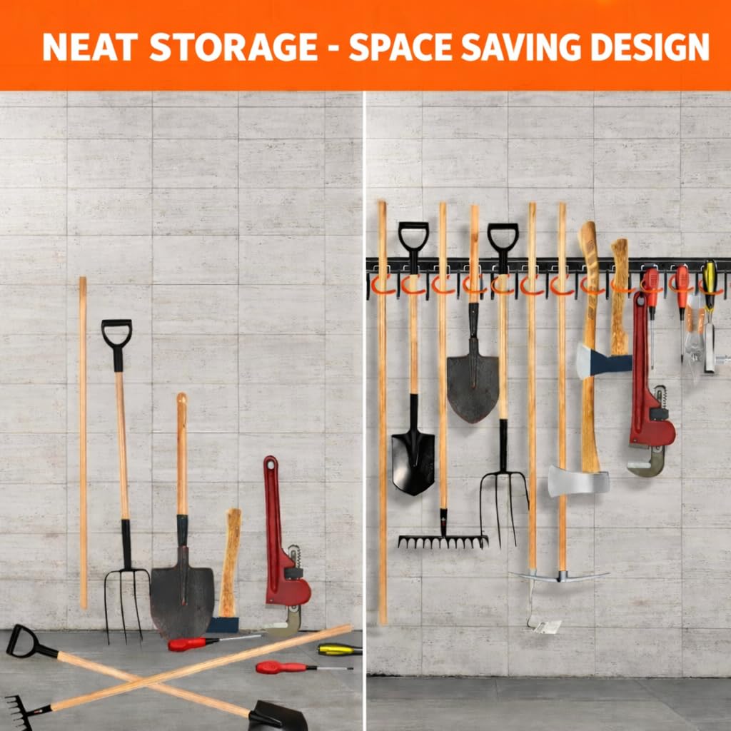 TVKB 68'' All Metal Garden Tool Organizer Adjustable Garage Tool Organizer Wall Mount Garage Organizers and Storage with Heavy Duty Hooks Tool Hangers for Garage Wall, Shed, Garden