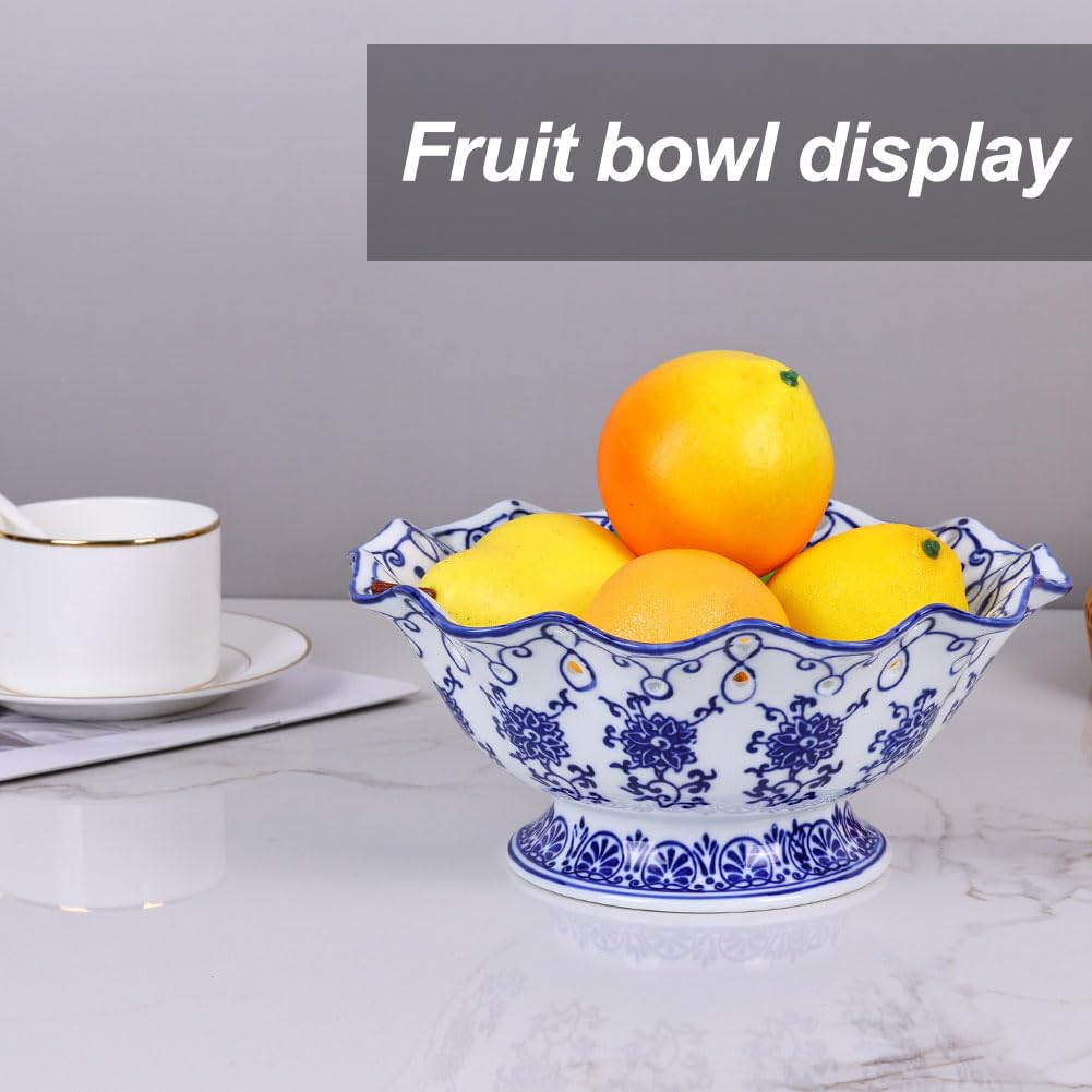 9.4in Blue and White Ceramic Fruit Bowl, Porcelain Decoration Bowl, Fruit Serving Plate,Storage Bowl,Decorative Pedestal Bowl for Table Countertop,Kitchen Island Centerpiece, Home Dining Décor