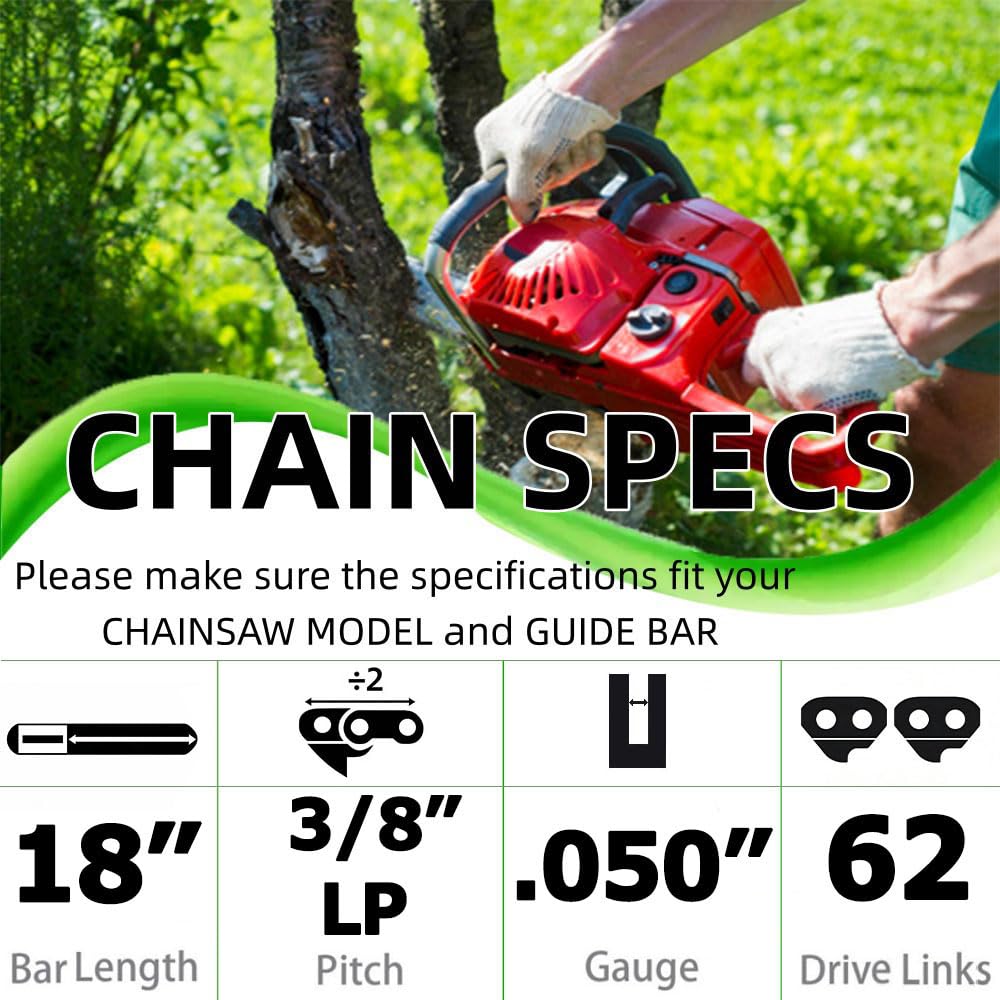 18 Inch Chainsaw Chain 3/8"LP Pitch .050" Gauge 62 Drive Links Fits for ECHO CS330 CS340, POULAN, Craftsman, HUSQVARNA,Remington and More,S62 (3 chainsaw chains)
