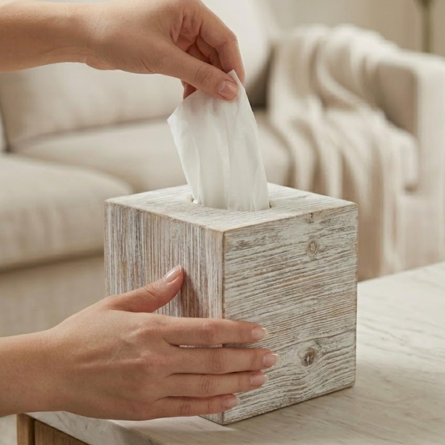 White Barnwood Tissue Box Cover: 2 Pack Tissue Box Holder Includes Slide-Out Bottom Panel, Stylish Tissue Box Cover Square Perfect for Farmhouse Bathroom Decor