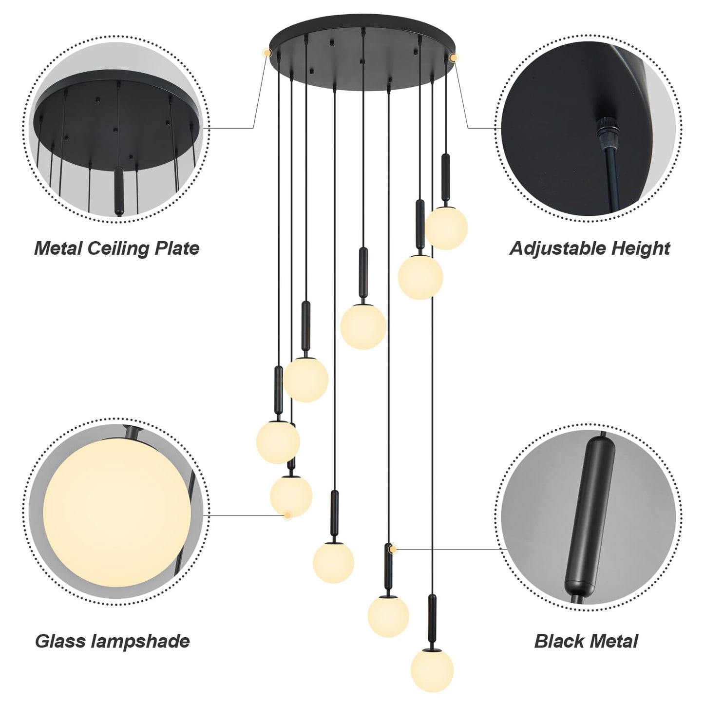 FDPBY 9-Lights Black Chandelier with Milk White Glass Mid Century Modern Globe Pendant Light for Foyer Living Room Entryway Hallway