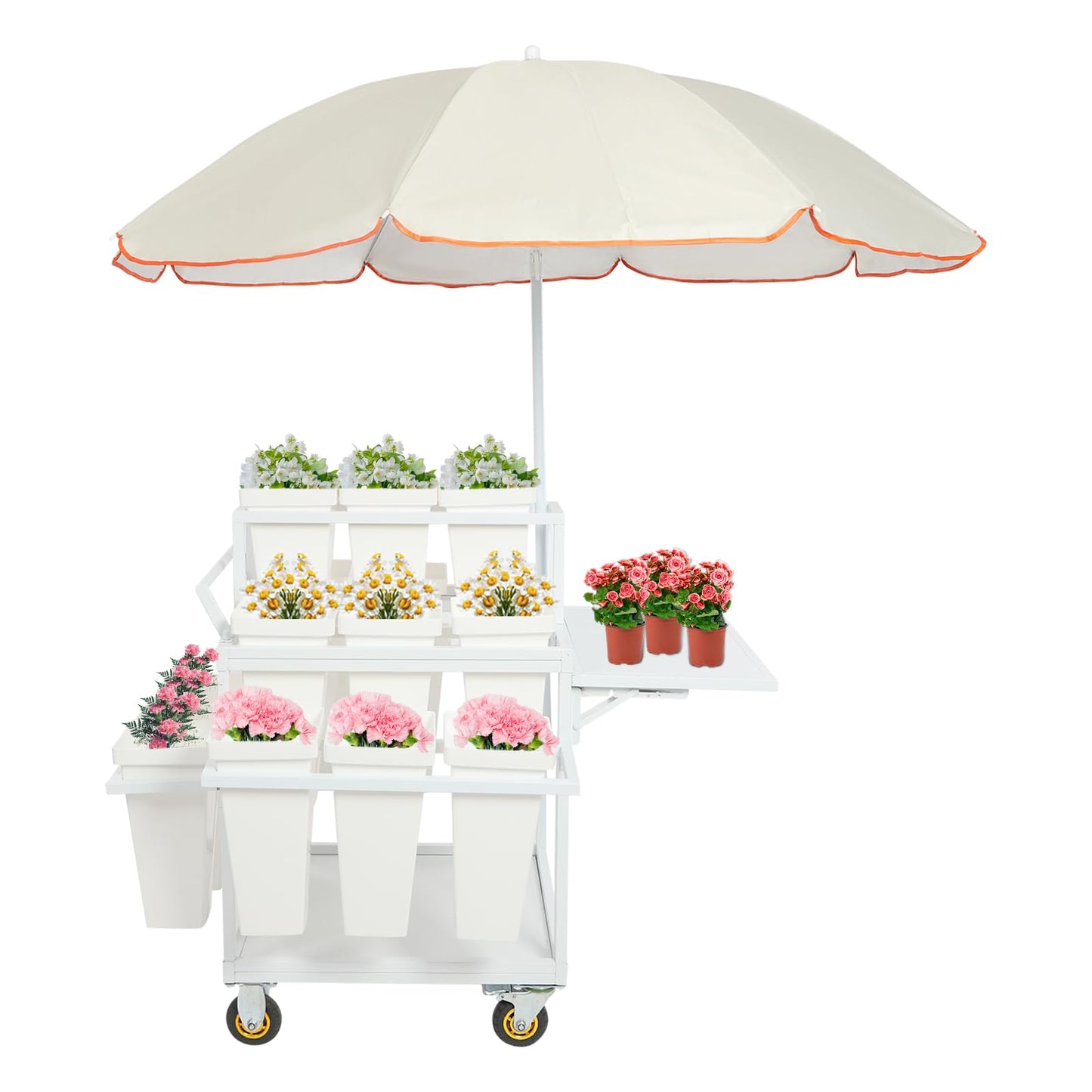Flower Stand Cart with Large Umbrella 5x5.8ft, 110lb Capacity Metal Flower Bar with Wheels, Flower Plant Stand with 18 Buckets, 3 Tier Rolling Stand Cart for Indoor Outdoor Patio Garden Florist (Silver White)