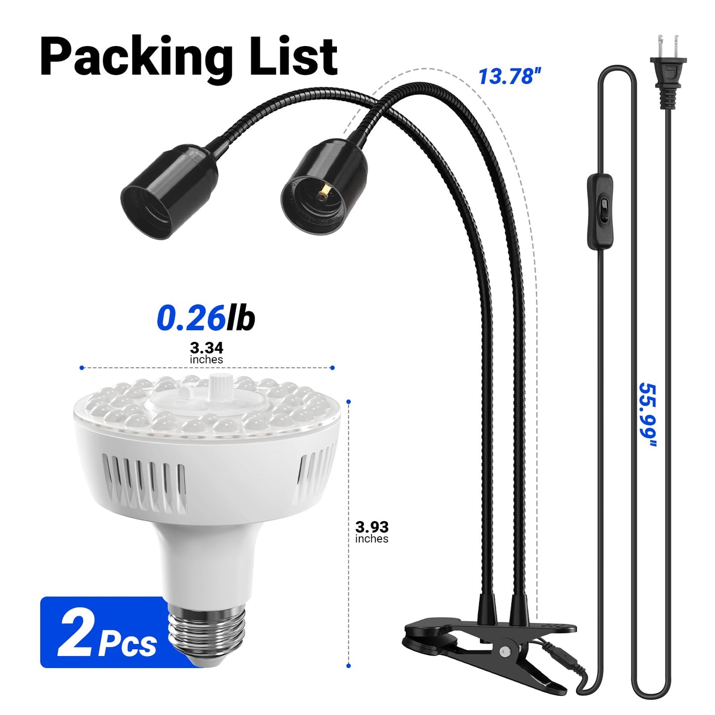 Barrina Orbgrow OG11A2 Clip On Grow Lights for Indoor Plants, Integrated Stepless Dimming & Timing, 5000K 22W(2 x 11W, 200 Watt Equiv), Full Spectrum 2-Gooseneck with E26 Plant Light Bulbs