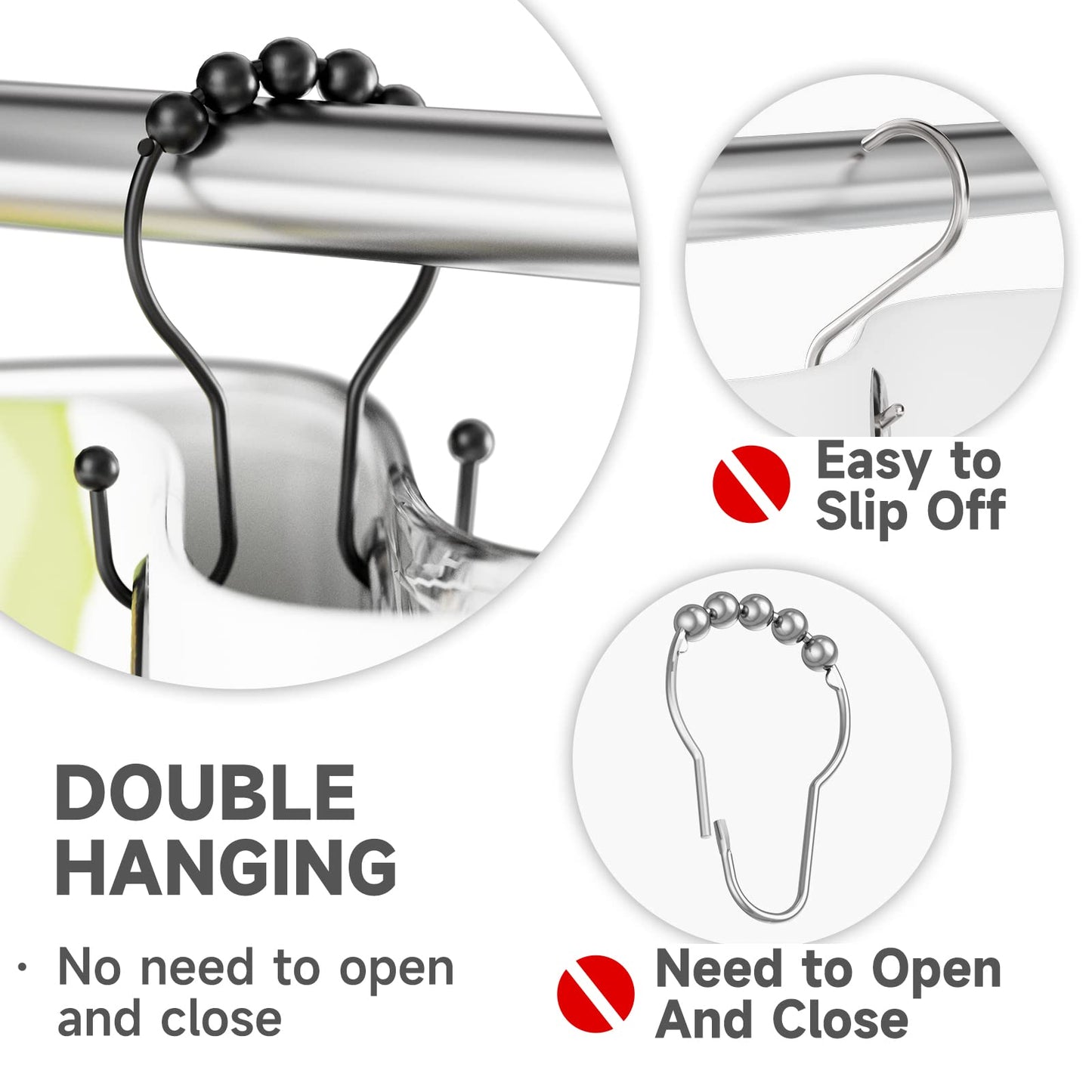 Bathway Shower Curtain Hooks Shower Curtain Rings Black Shower Curtain Hooks RustProof Smooth Metal Double Shower Curtain Hook, Shower Hooks for Shower Curtain Liner Bathroom Shower Rod Hook