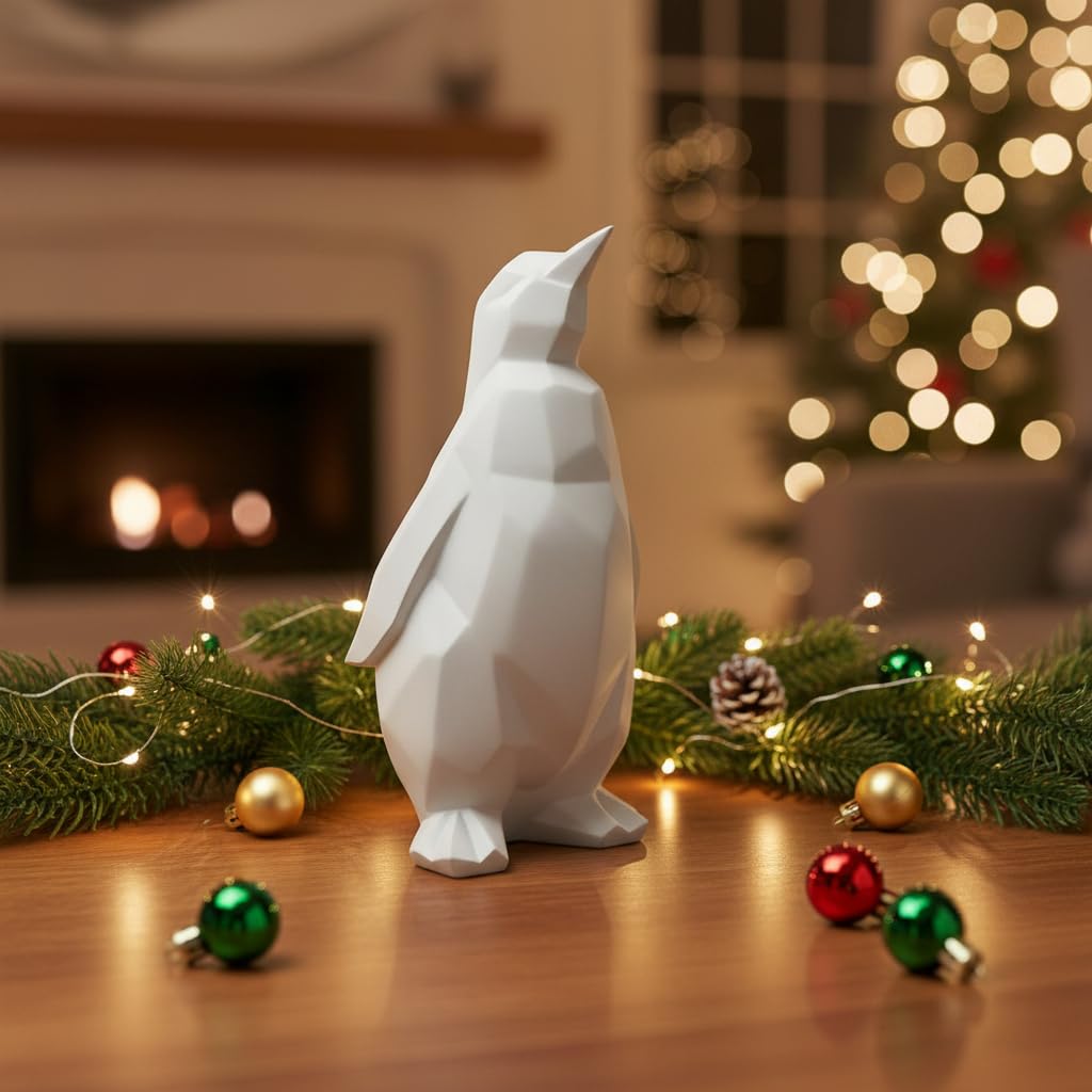 Comfy Hour 7" Modern Penguin Figurine, Scandinavian Animal Decor, Minimalist Geometric Statue for Home Office, White Polyresin Artisan Crafted Sculpture, 1 Unit