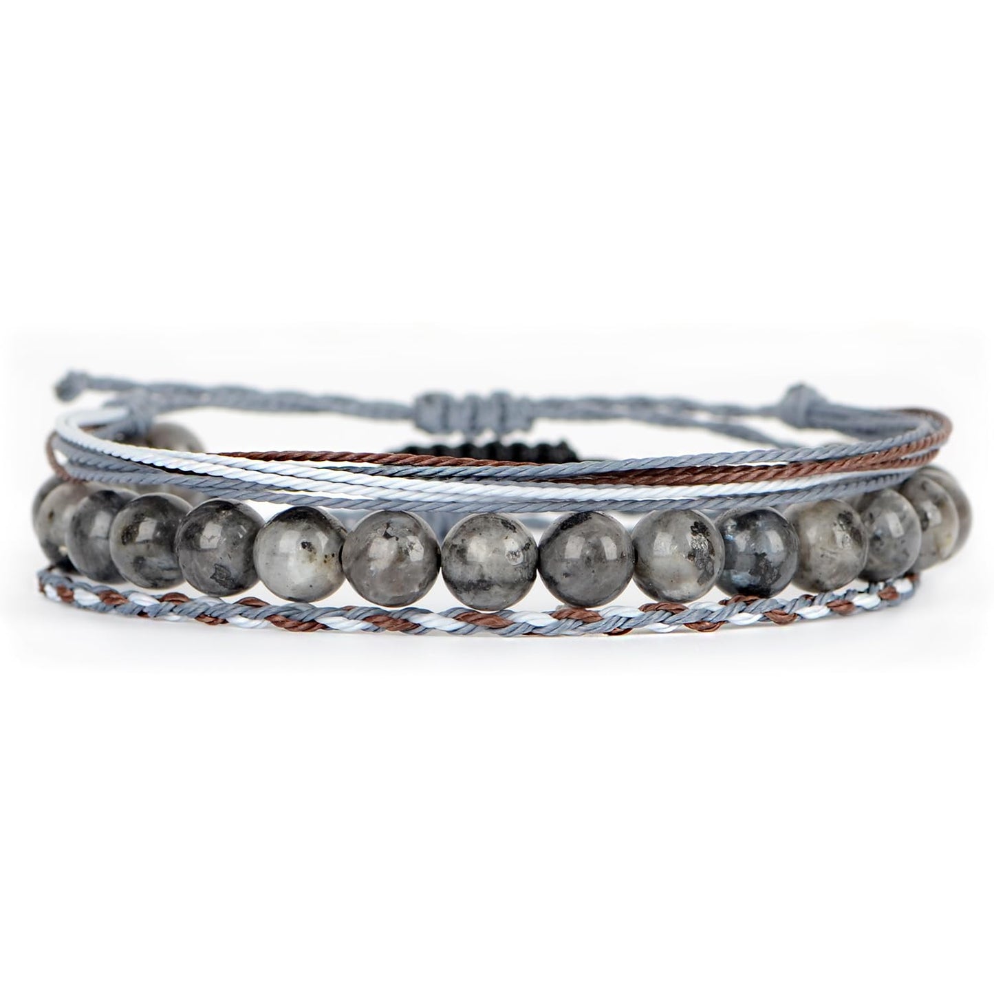 QOGIR Handmade Healing Bracelet,8mm Natural Black Larvikite Gem Stone Beads Bracelet,for Men Women Gifts with 2PCS Size Adjustable Rope Bracelets