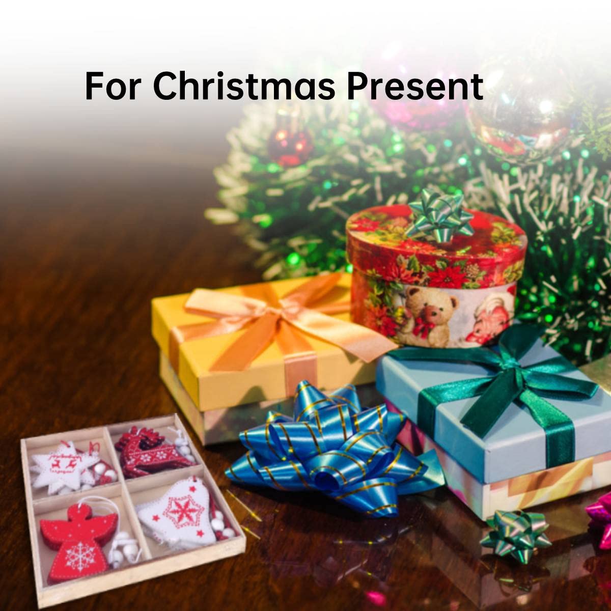 Yosoo 12pcs Christmas Tree Hanging Pendant, Wooden Christmas Decoration with Ropes, Multi Color, Traditional with Whimsical Motifs