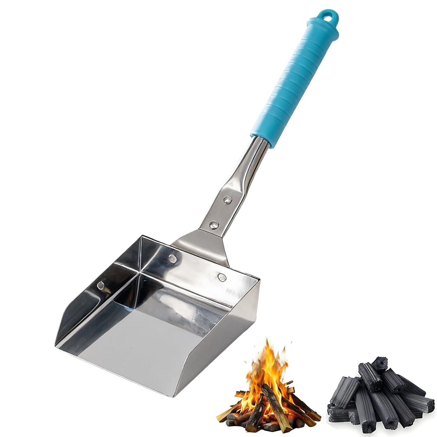 Ash Shovel for Wood Stove & Fireplace – 14.6" Rust-Resistant Ash Shovel with Blue Handle, Stainless Steel Scoop & Hanging Hook for Fire Pit, BBQ, Campfire