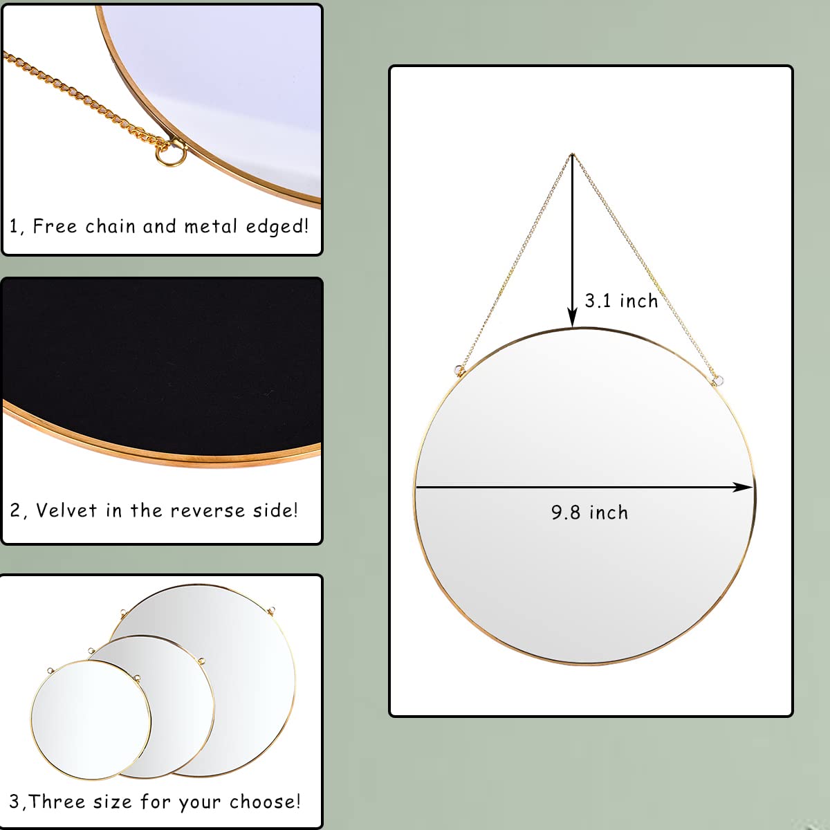LONGWIN Hanging Wall Circle Mirror Decor Gold Geometric Mirror with Chain for Bathroom Bedroom Living Room 9.8"
