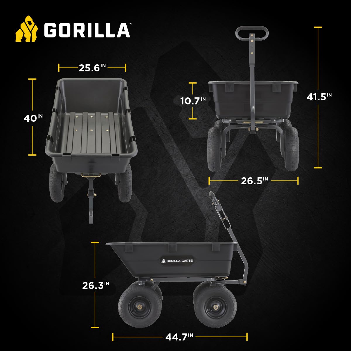 Gorilla Carts Heavy-Duty Poly Yard Dump Cart, 6 Cu Ft Tub, 1200 lb Haul Capacity, Black – Towable Utility Wagon with Quick-Release Dumping & Pneumatic Tires for Landscaping and Gardening