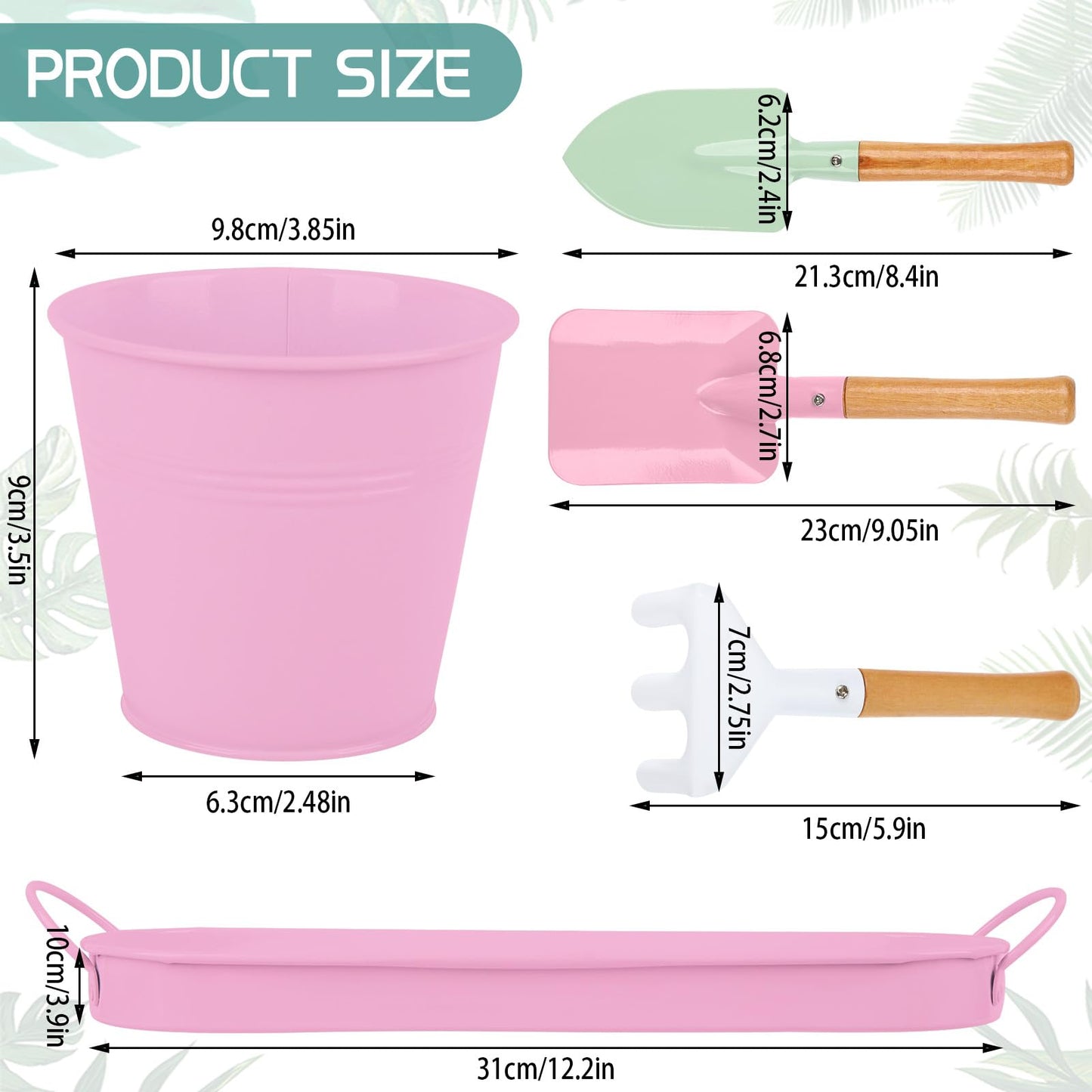 Linzenter Indoor Herb Garden Set of 3 with Tray and 3 Types of Gardening Tools, Metal Plant Pots Herb Garden Planter Kit with Drainage for Plants (Pink)