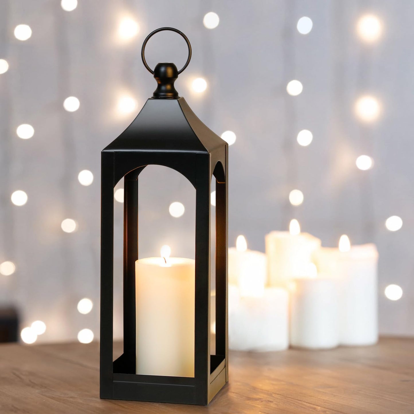 Modern Farmhouse Lantern Decor, Black Metal Decorative Hanging Candle Lanterns Ideal for Home Decor, Parties & Events, 15.1" High (No Glass Panel)