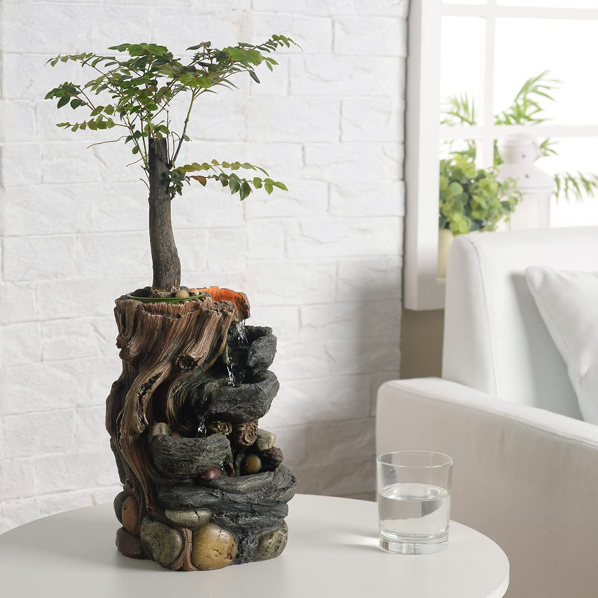 GOSSI Indoor 5-Tier Rockery Tabletop Waterfall Fountain with Auto Watering and Small Plastic Plant Pot, Decorative Home Water Fountain (22021)