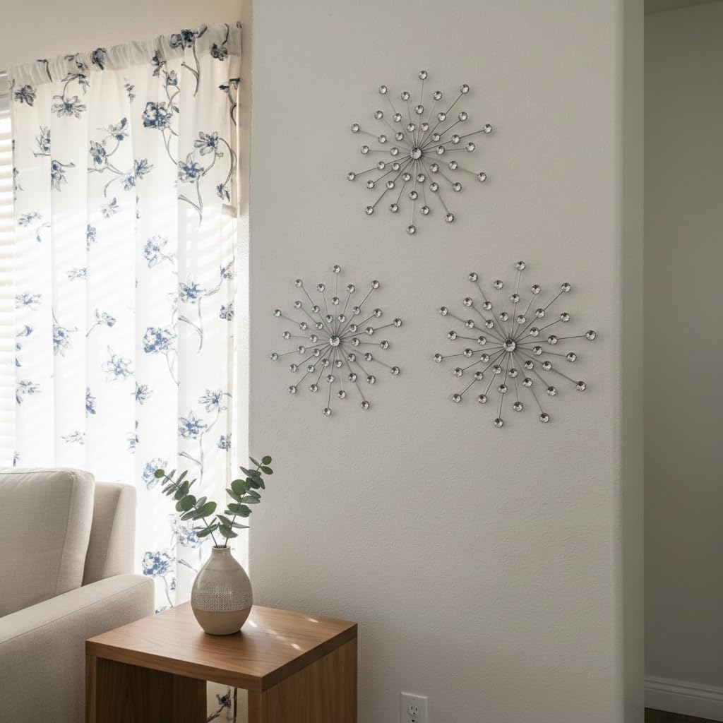 ZEXUIRU 3 Pack Silver Sunburst Wall Decor – Metal Crystal Wall Art with Sparkling Rhinestones, 14’’/18 Inch Starburst Wall Hanging Set for Living Room Bedroom Bathroom – Modern Bling Home Decorations