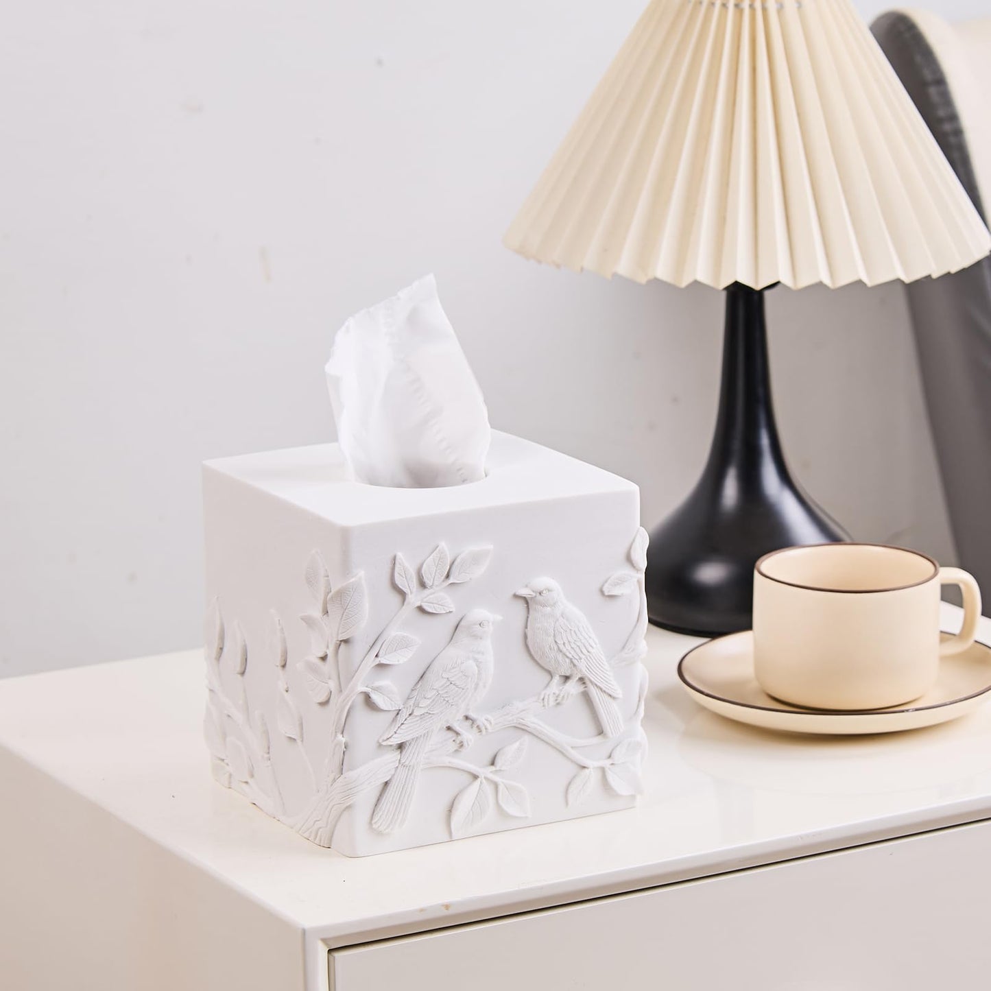 White Marble Relief Birds Square Tissue Box Cover Decorative,Resin Heavy Sturdy Tissue Box Holder, Facial Paper Holder for Bathroom Vanity Countertop, Bedroom Night Stand,Office and End Table