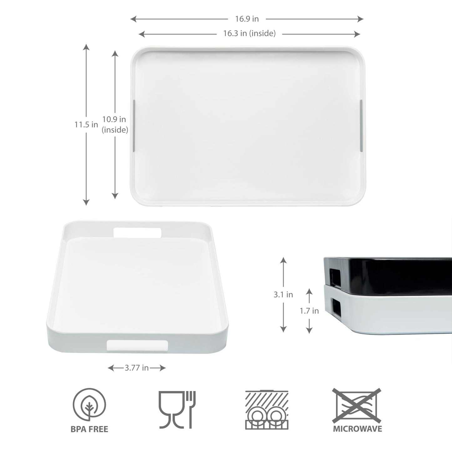 Bzyoo 11.5 x 16 Inch Large Rectangle Stackable Melamine Serving Tray with Handles – Minimalist Design, Multi-Purpose and Durable, BPA Free– Perfect for Kitchen, Dining, and Entertaining - White