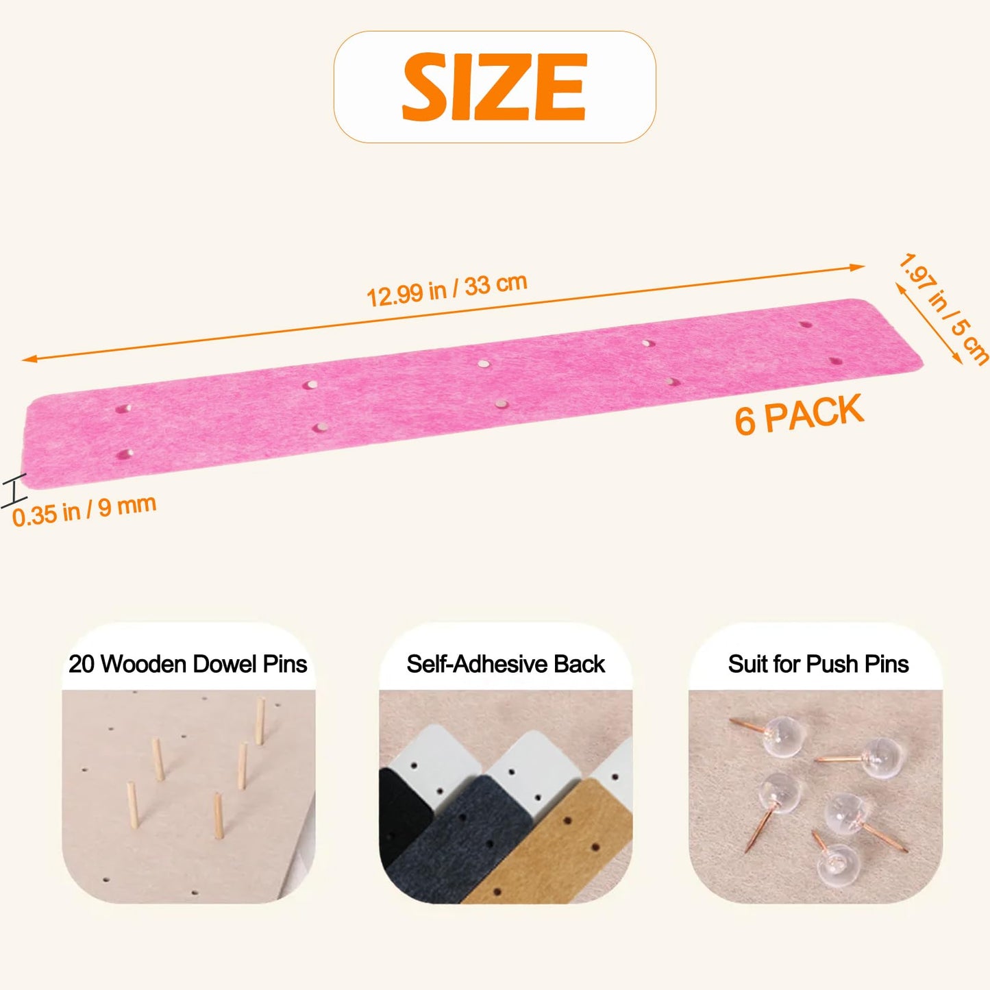 Small Felt Pin Boards Memo Board Pegboard Bar Strips, Self-Adhesive Cork Board for Walls Home Office Decor, Felt Bulletin Boards for Jewel, Notes, Photos with 20 Wooden Dowel Pins, Pink, 6 Pack