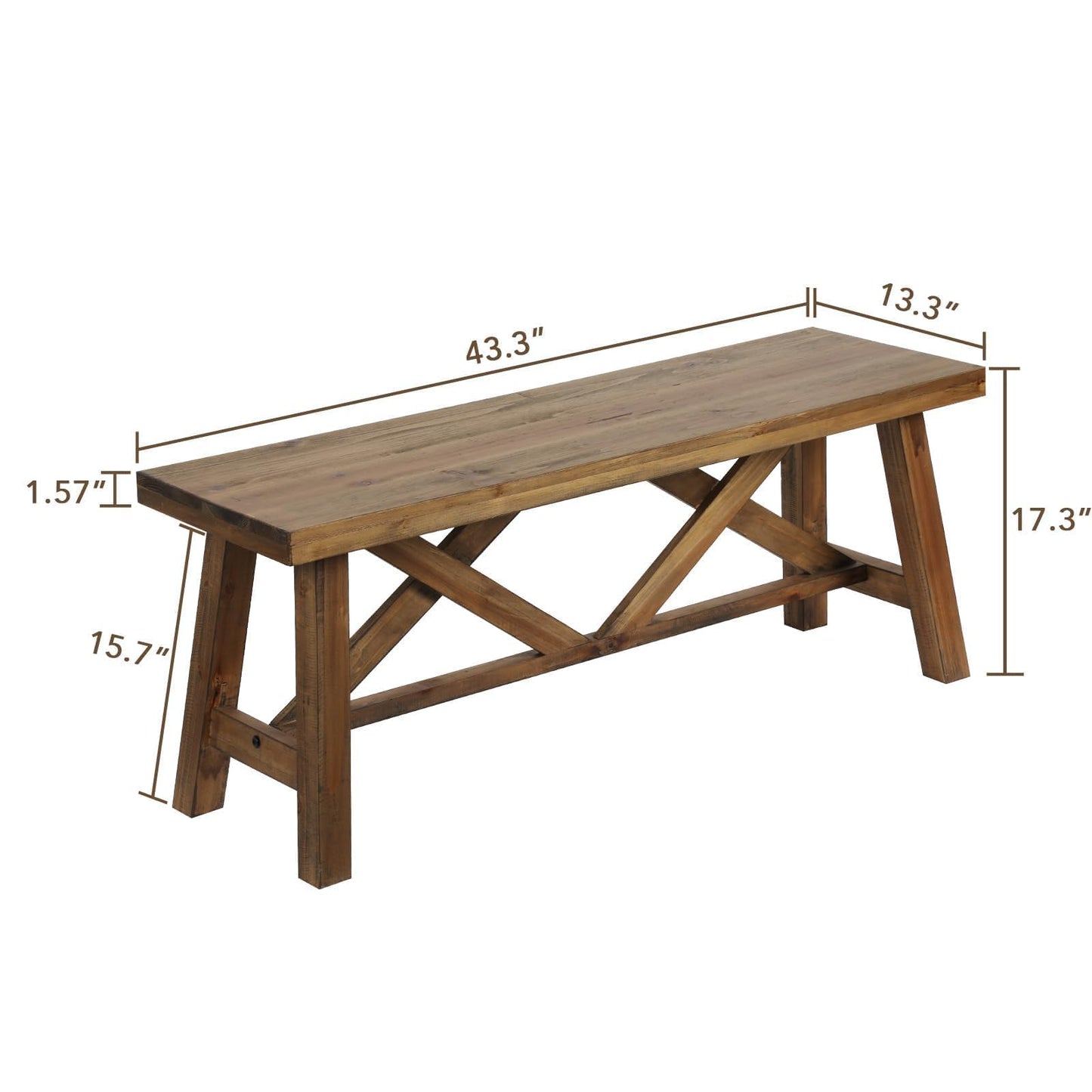 Wnutrees 43" Farmhouse Wood Bench, Rustic Solid Wood Entryway Bench Seat with Double X-Structure for Dining Room, Living Room, Hallway, Structural Stability, Natural