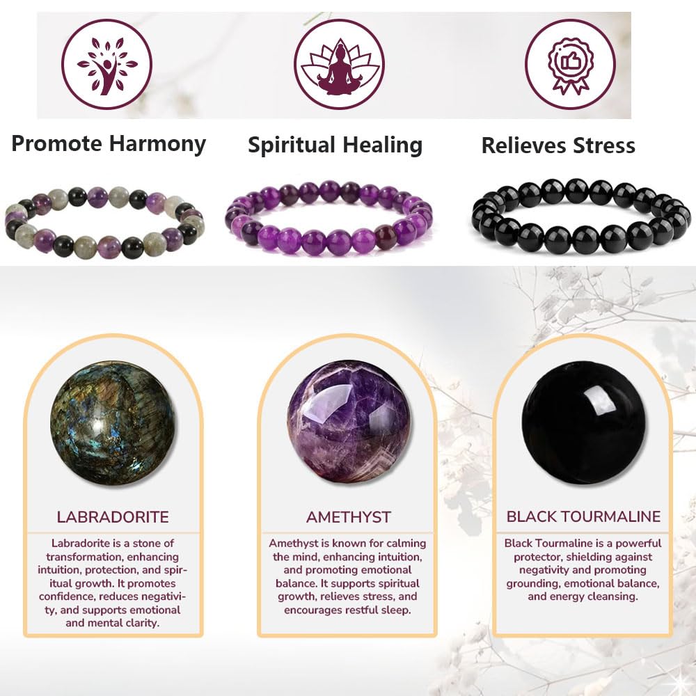 Crgwxzl 3pcs Anxiety Relief Protection Bracelets,Healing Black Tourmaline Crystal Bracelets for Women Men,8mm Natural Stone Amethyst Labradorite Beaded Spiritual Gemstone Jewelry Gifts